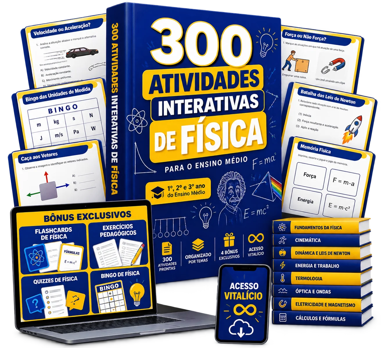 Pacote completo com 300 atividades interativas de Física, acesso vitalício e bônus